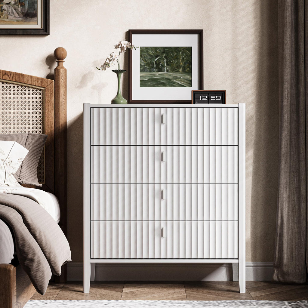White 4 Drawer Dresser, Modern Chest of Drawers, Wood Fluted Dresser Organizer with Deep Drawers for Clothes