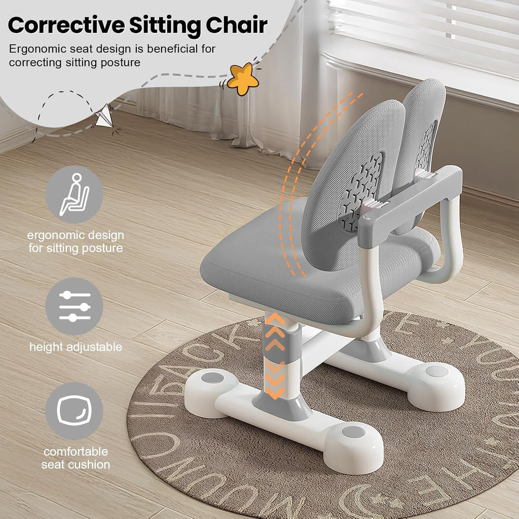 Height Adjustable Desk and Chair Set for Kids, Ergonomic Learning Desk with Tiltable Desktop Hand Crank Children's