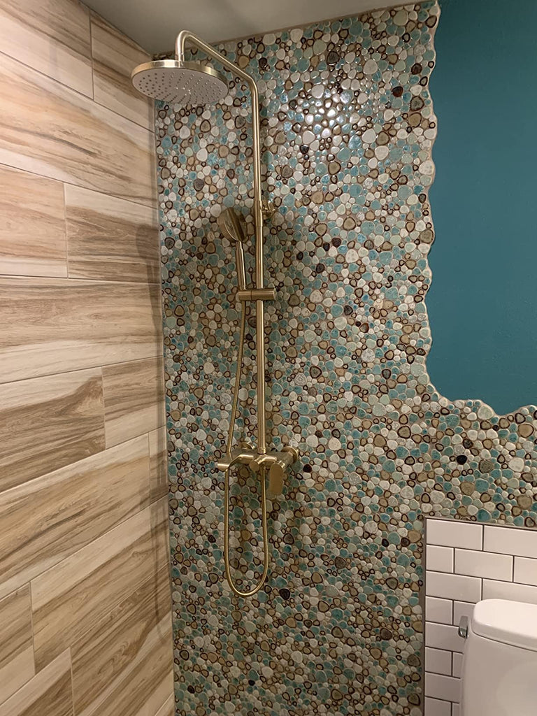 Ceramic Pebble Mosaic Tile, Aqua Cream Coffee, 5 Sq Ft
