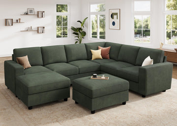 Corduroy Sectional Couch with Storage, 8 Seater U Shaped Sectional Sofa Sectional Couches, Green
