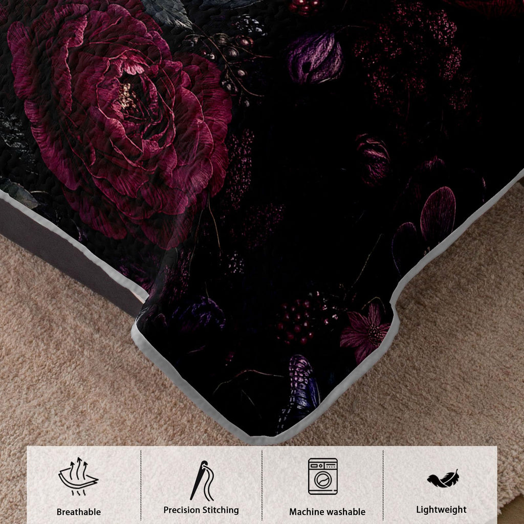 King 3-Piece Quilt Set, Gothic Burgundy Rose Botanical Bedspread, Soft Lightweight Microfiber Coverlet with 2 Pillow