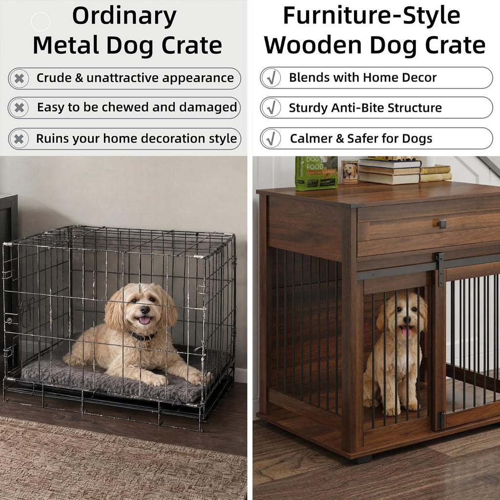 Wooden Dog Crate Furniture with Sliding Barn Door & Drawer, Walnut