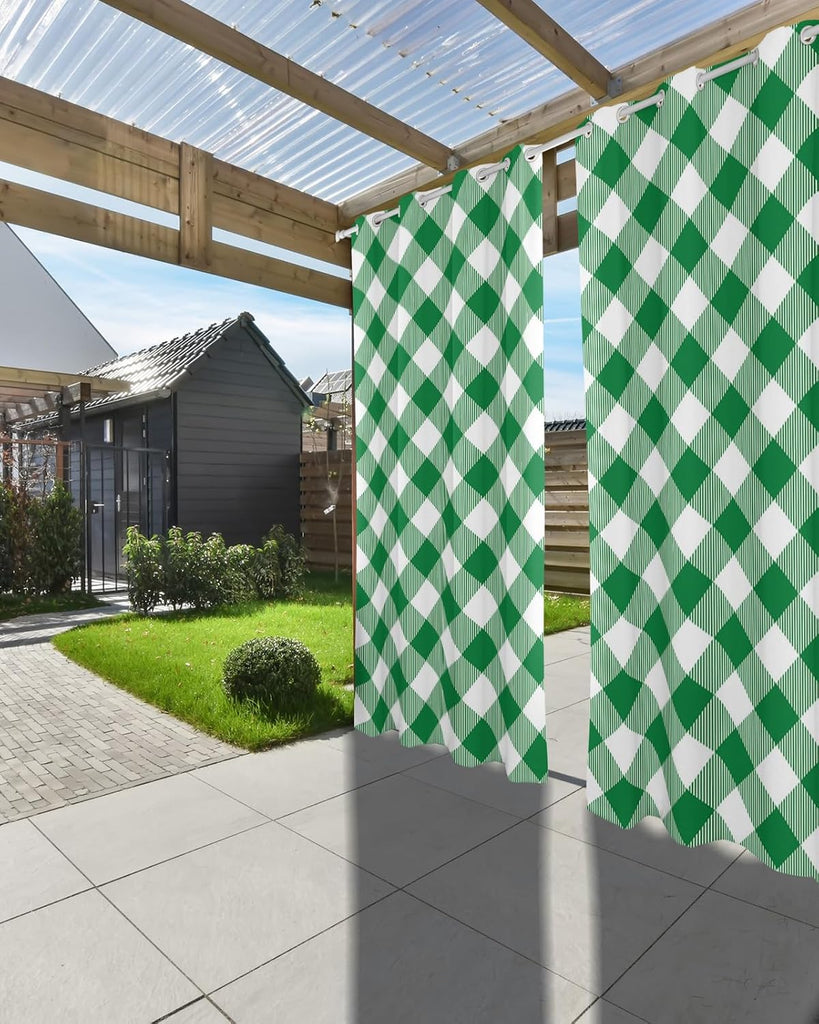 Outdoor Curtains Waterproof, Pastoral Style Deep Green Lattice Grommet Weatherproof Privacy Outsides Curtains for