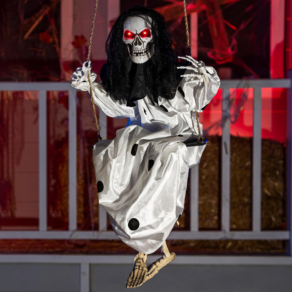 36" Hanging Clown Outdoor Halloween Decorations, Swinging Skeleton Decor with Light Up Eyes Button Battery Operated