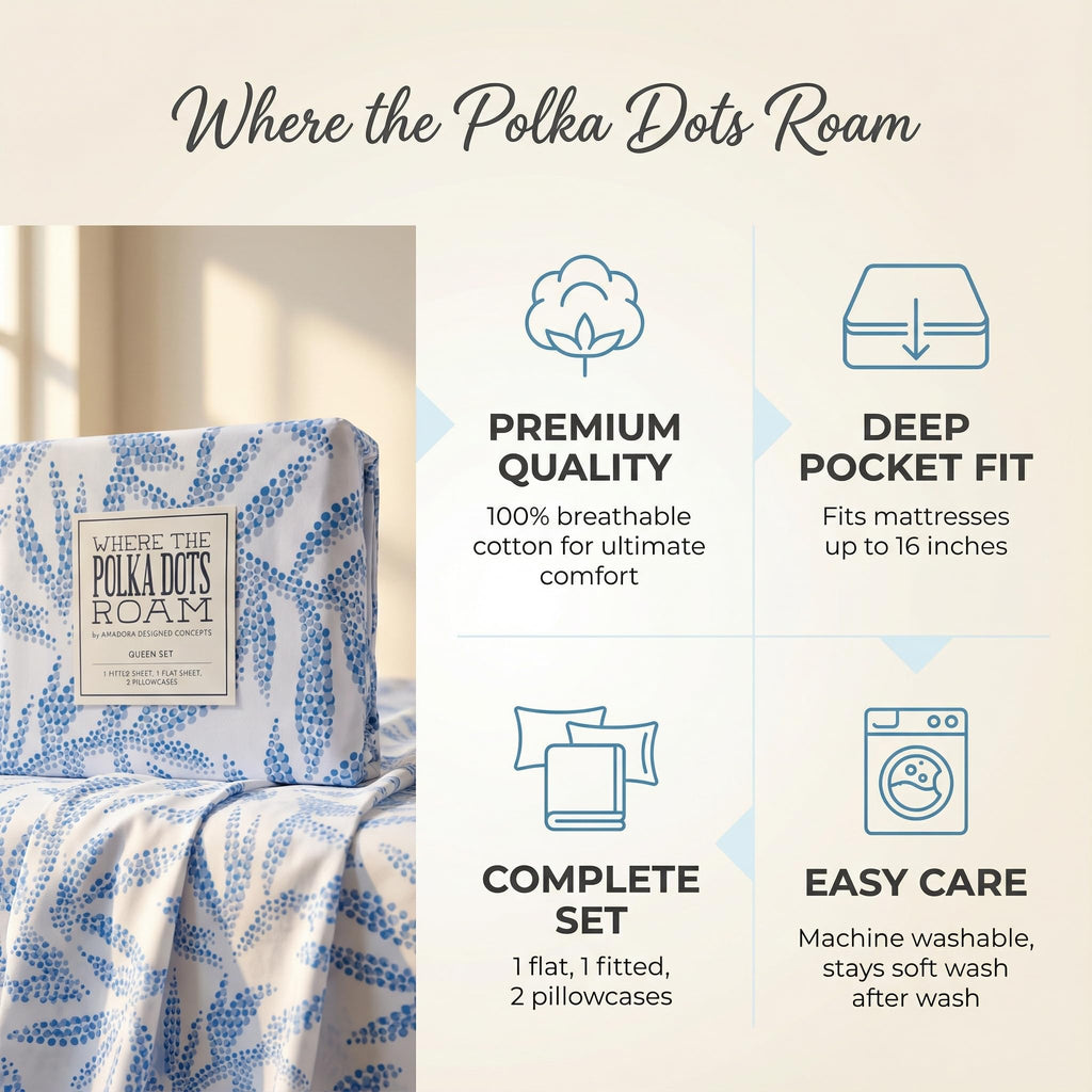 Blue Floral Queen Sheet Set - Super Soft 4 Piece Breathable Blue Pattern Floral Bedding with Deep Pocket Fitted Sheet