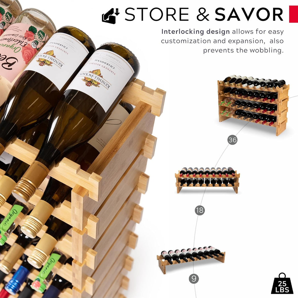 72 Bottle Stackable Modular Wine Rack Wine Storage Rack Solid Bamboo Wine Holder Display Shelves, Wobble-Free