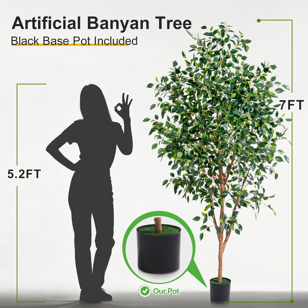 Ficus Tree Artificial 7ft Tall, Faux Ficus Tree Indoor with Real Wood Trunk