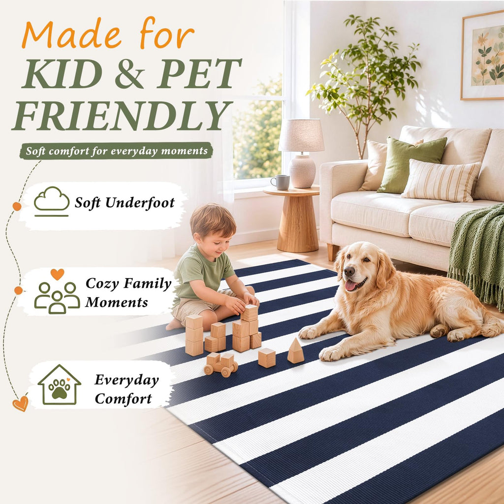 Navy and White Striped Accent Rug 3x5, Washable Indoor Outdoor Rug