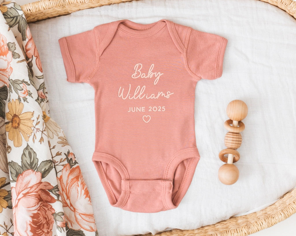 PHYSIQUE Custom Embroidered Pregnancy Announcement Bodysuit, Newborn Gift, Coming Soon Baby Clothing with Name & Date