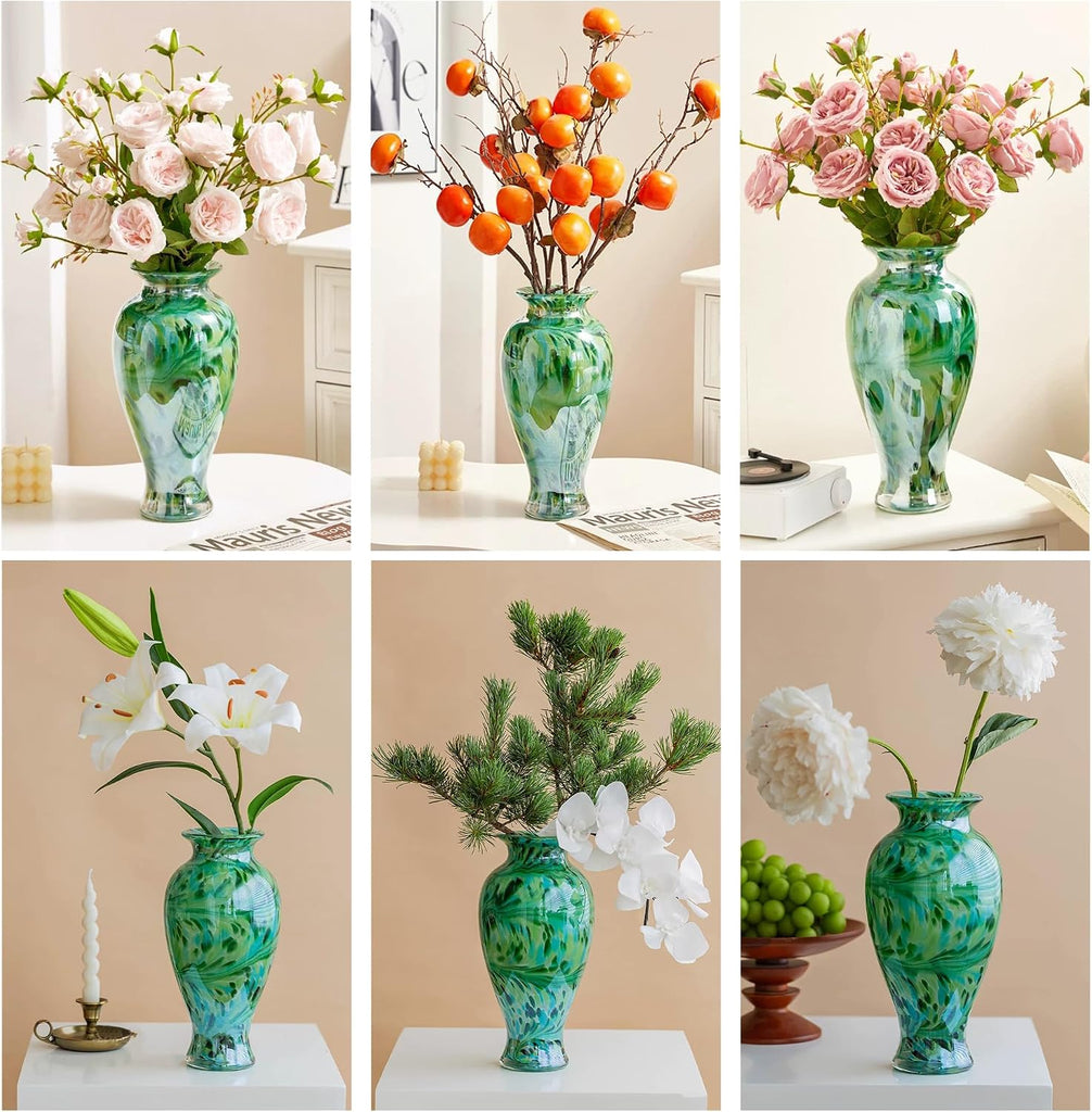 Hand Blown Green Classic Vase Decor, 11.5Inch Glass Flower Vase