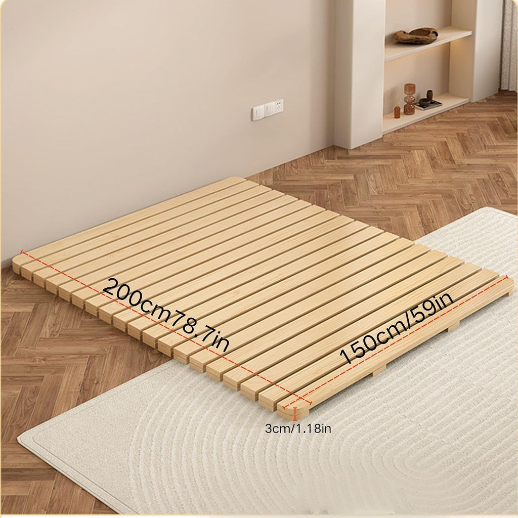 Solid Wood Slatted Bed Frame, Japanese Floor Platform, Natural Wood, 74.8" x 59", Foldable Roll-Up Design, No