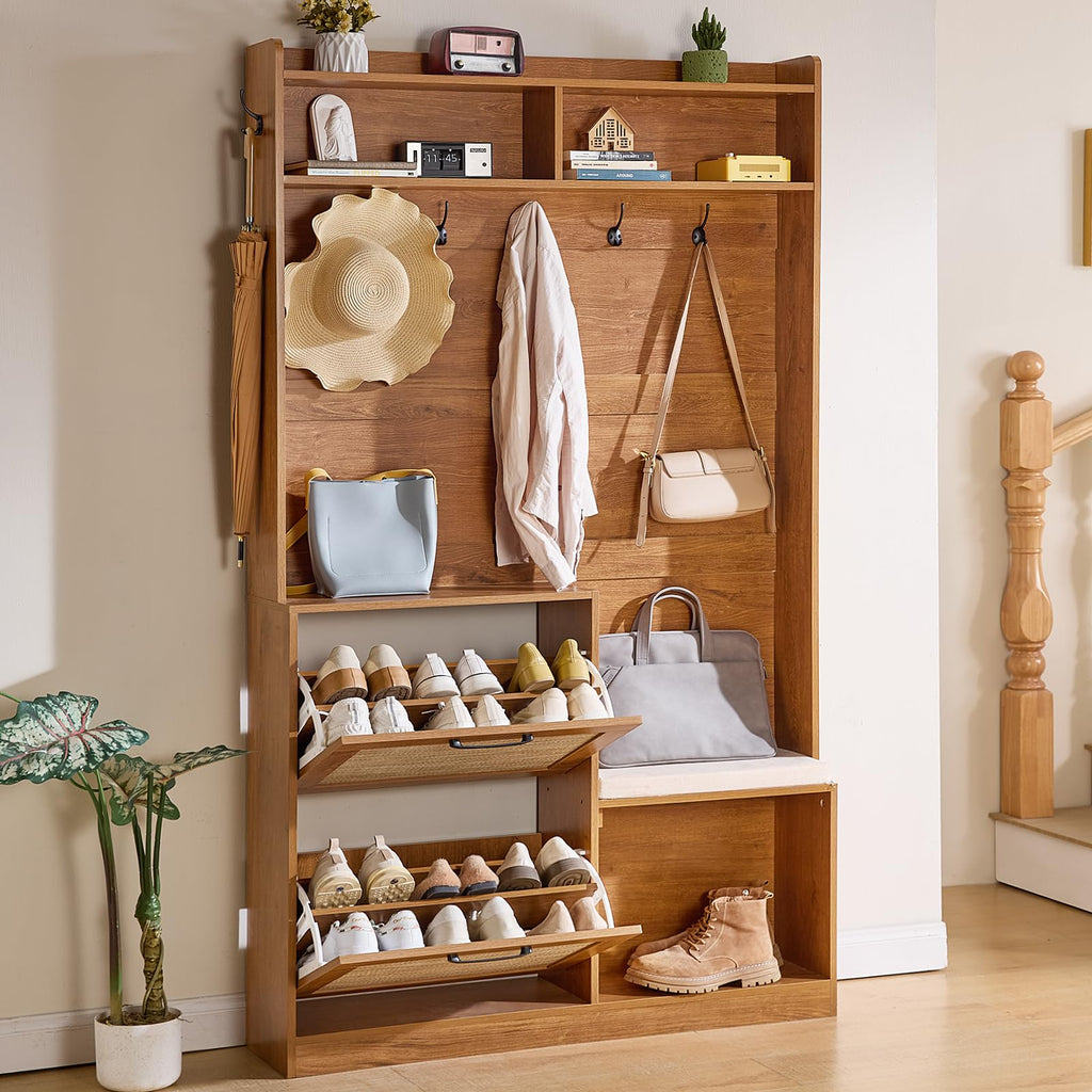 78" Tall Boho Hall Tree with Bench & Shoe Storage, 4-in-1 Mudroom Coat Rack with 2 Flip Rattan Drawers & Cushioned