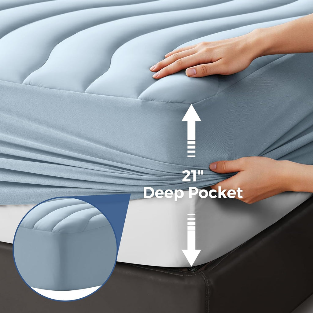 Cooling Mattress Pad King Size for Hot Sleepers Pillow Top Cover | Dusty Blue 78x80 Inches Ultra Soft Mattress