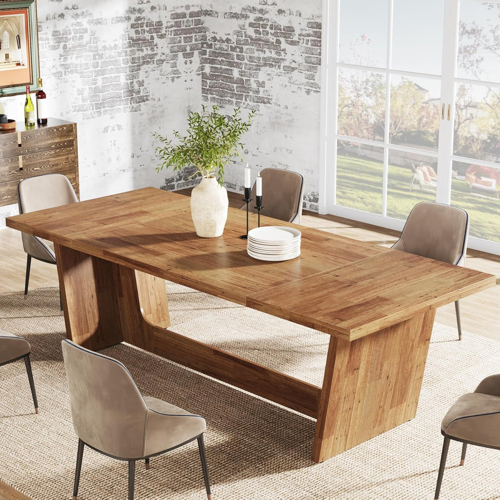 70.87-Inch Large Dining Table: Wood Long Dining Room Table for 6-8, Rectangular Farmhouse Kitchen Dinner Table with Solid Pedestal, Yellow Brown