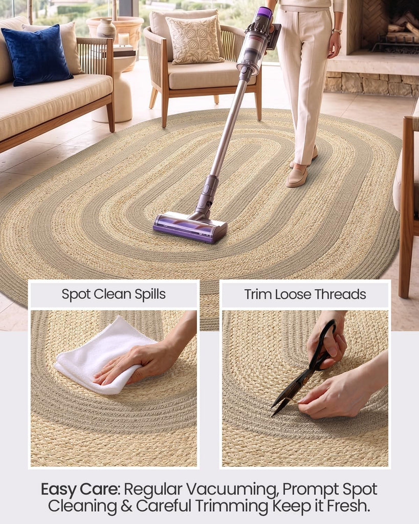 Oval Jute Rug 5x8, Indoor Outdoor Area Rugs , Natural Beige | Natural Fiber Handmade Woven Braided Low Pile Carpet