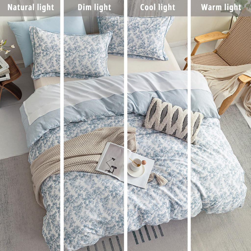 Vintage 100% Cotton Duvet Cover King 3PC - Elegant Pale Slate Blue Floral Pattern on White with Light Blue & White