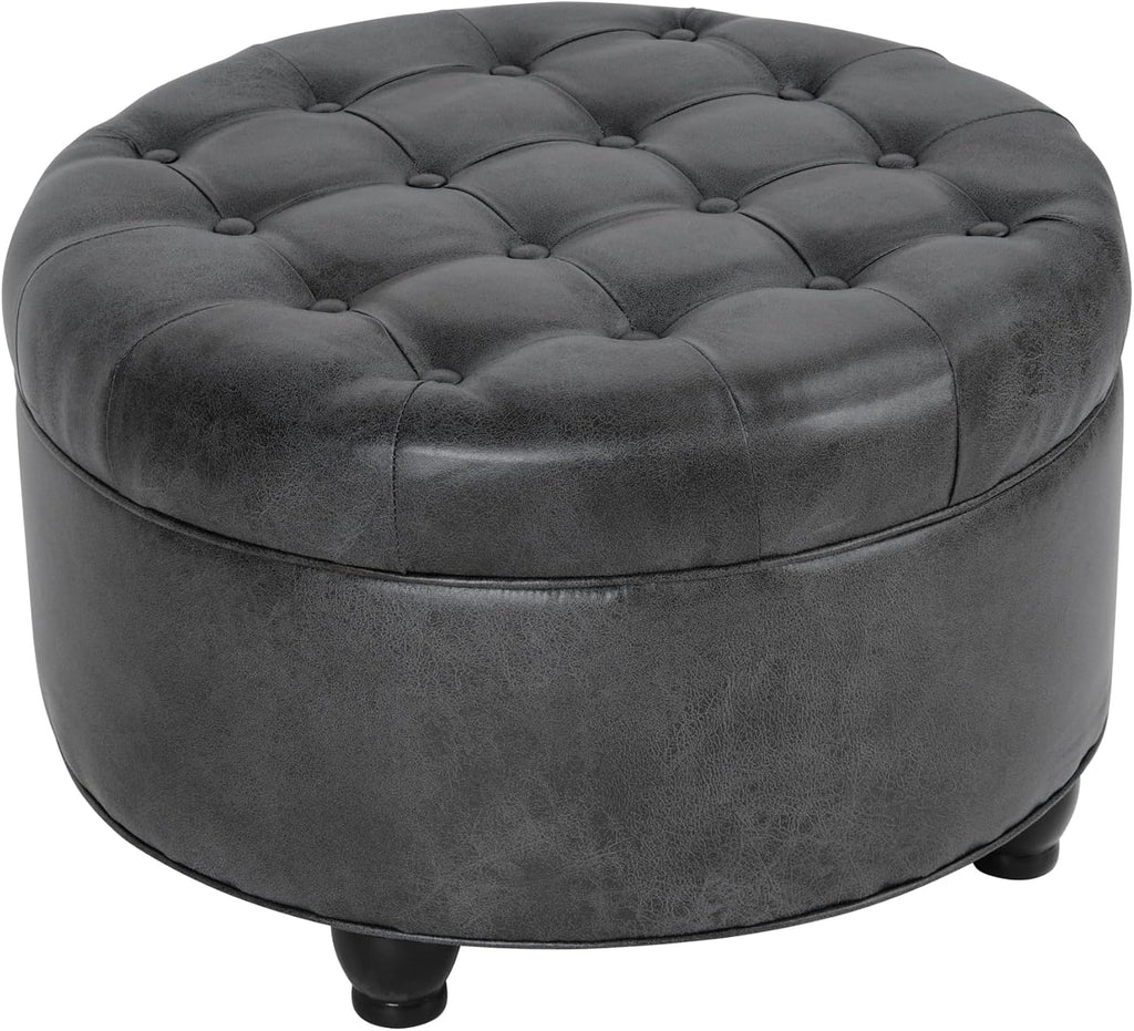 25" Button Tufted Round Storage Ottoman - Gray Faux Leather
