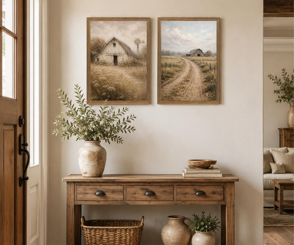 Farmhouse Wall Art Set of 2, Vintage Rustic Barn Landscape Canvas Prints