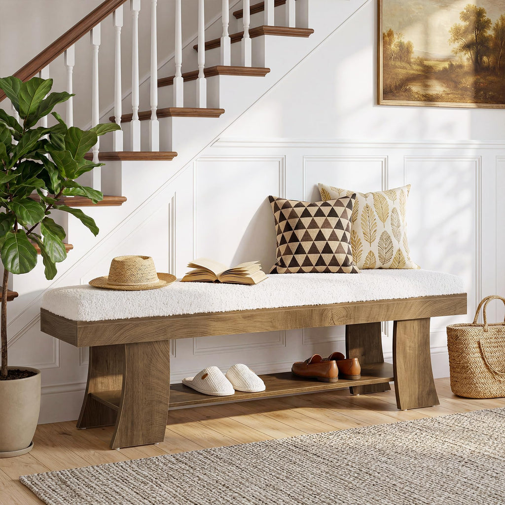 59-Inch Upholstered Entryway Bench with Storage Shelf, Indoor Cushioned Shoe Bench Seat, Farmhouse Skinny End of Bed