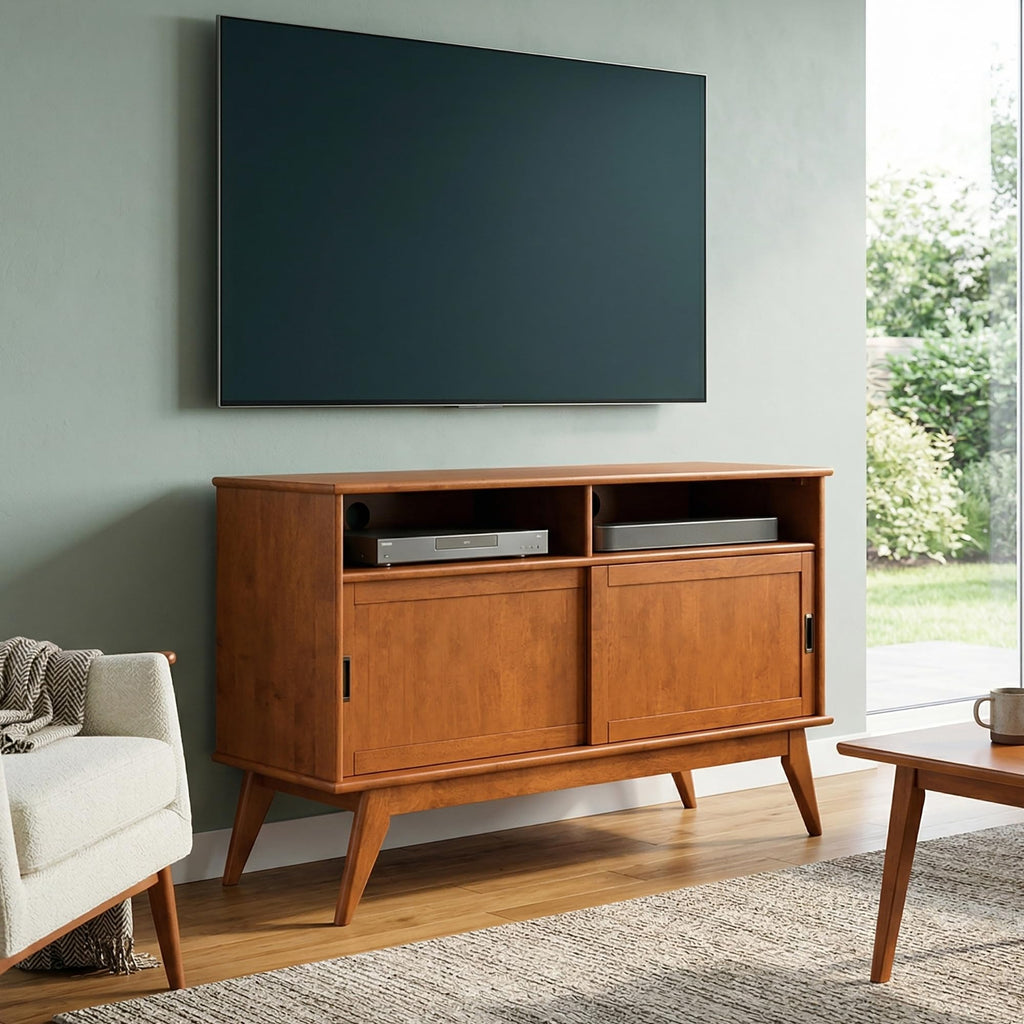 Draper 54" Wide Solid Wood TV Stand in Teak Brown