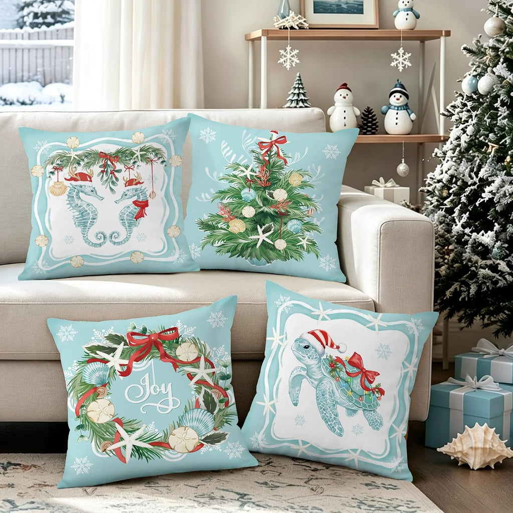 Christmas Coastal Throw Pillow Covers 18x18 Inches - Set of 4