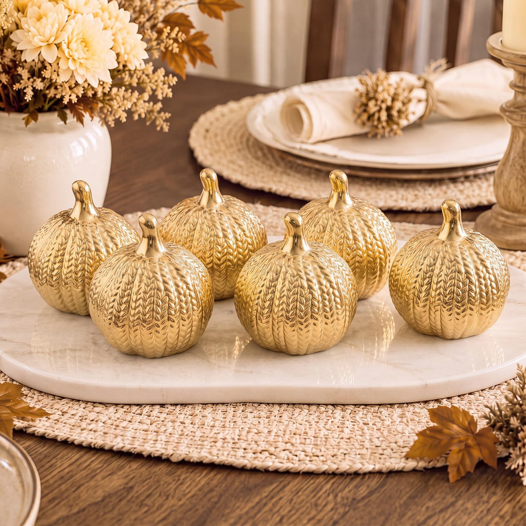 6 Pcs Gold Ceramic Pumpkin Fall Decoration for Table Centerpiece