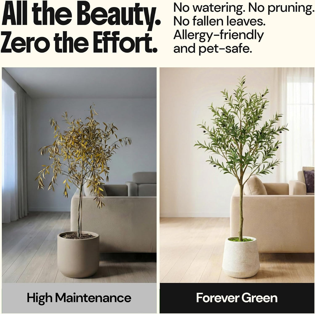 Artificial Olive Tree 6ft Indoor - Faux Olive Tree with Real Wood Trunk & Adjustable Branches, Tall Fake Plant &