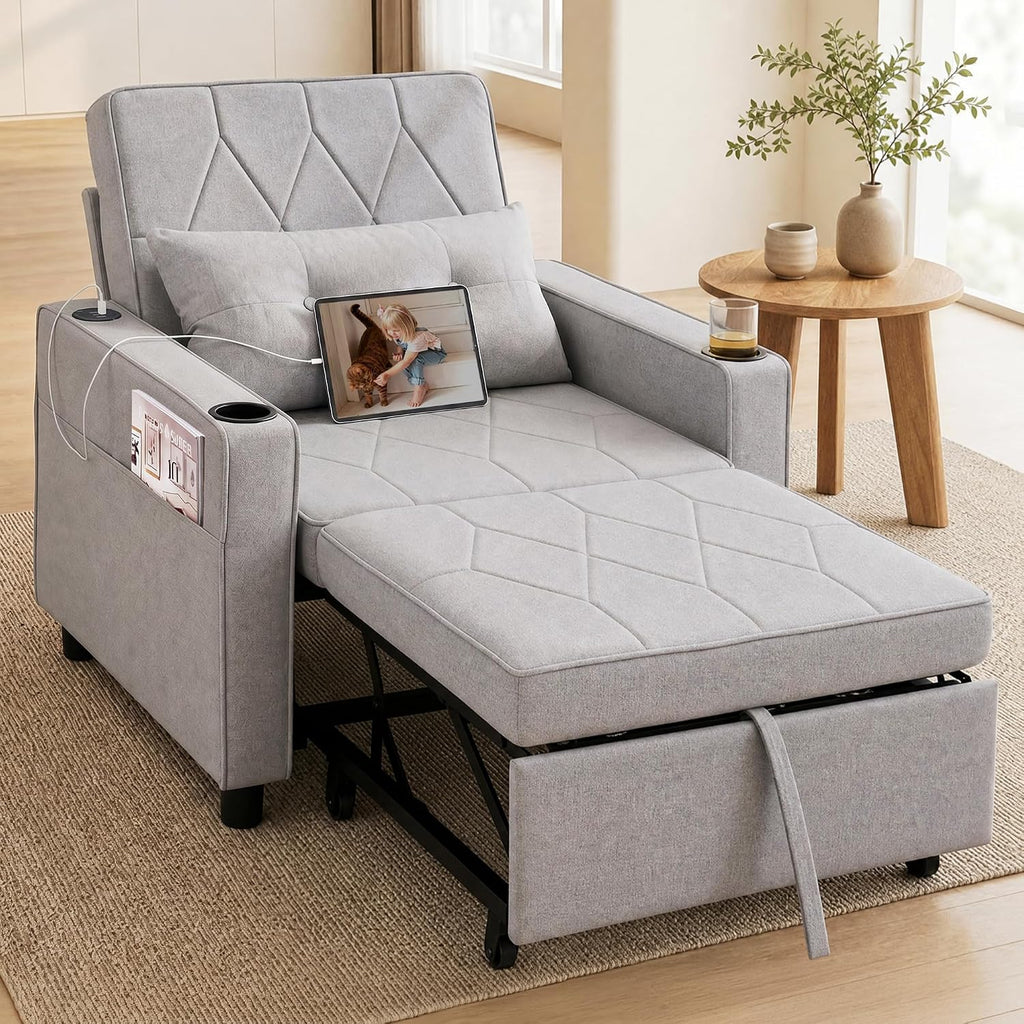 Convertible Sleeper Chair for Adults, Single Pull Out Couch Bed, Grey | , 3-in-1, USB/Type-C Ports, Cup Holders, Side