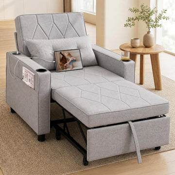 Convertible Sleeper Chair for Adults, Single Pull Out Couch Bed, Grey | , 3-in-1, USB/Type-C Ports, Cup Holders, Side