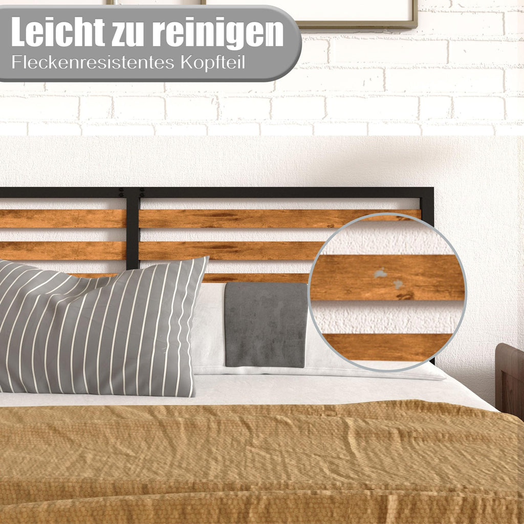 Brown+Black Industrial Metal Bed Frame Queen with Rustic Wood Headboard