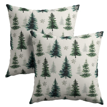 Green Christmas Tree Throw Pillow Covers 16X16 Inches Set of 2 Winter Snowflake White Pillowcase Soft Cotton Linen