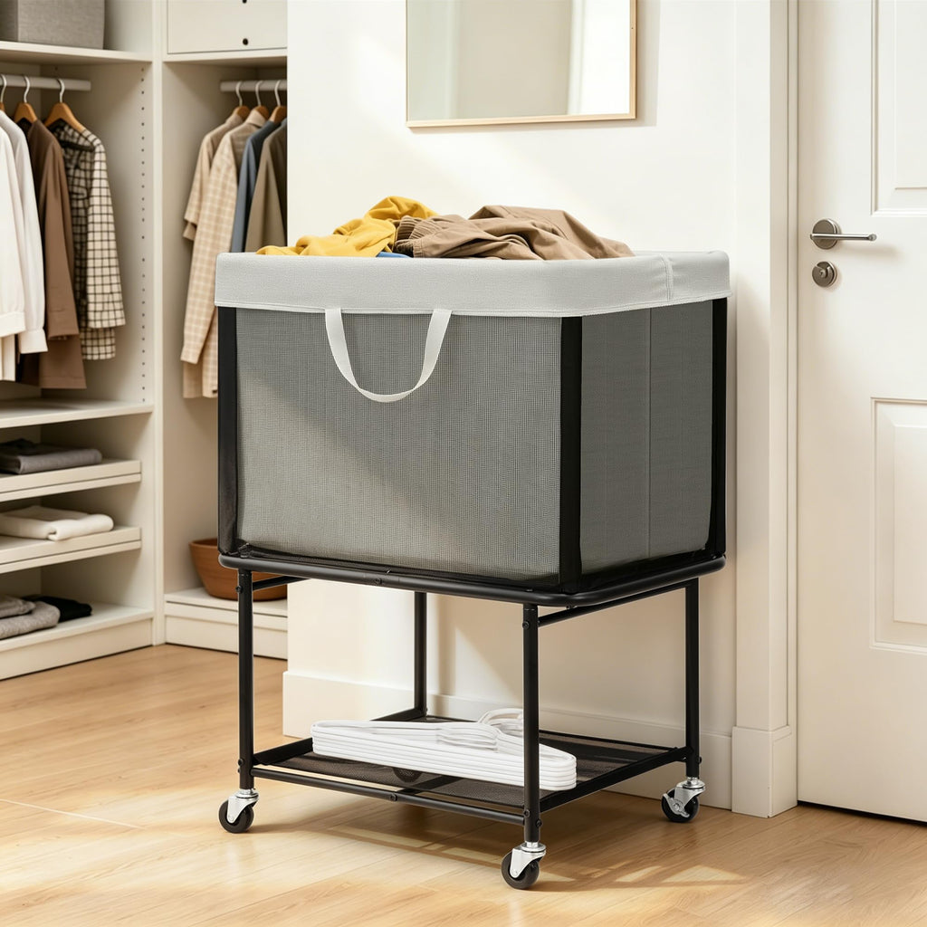 Rolling Laundry Hamper with Lockable Wheels, 29-Gallon (110L) Laundry Cart with Removable Canvas Bag, 2-Tier Clothes