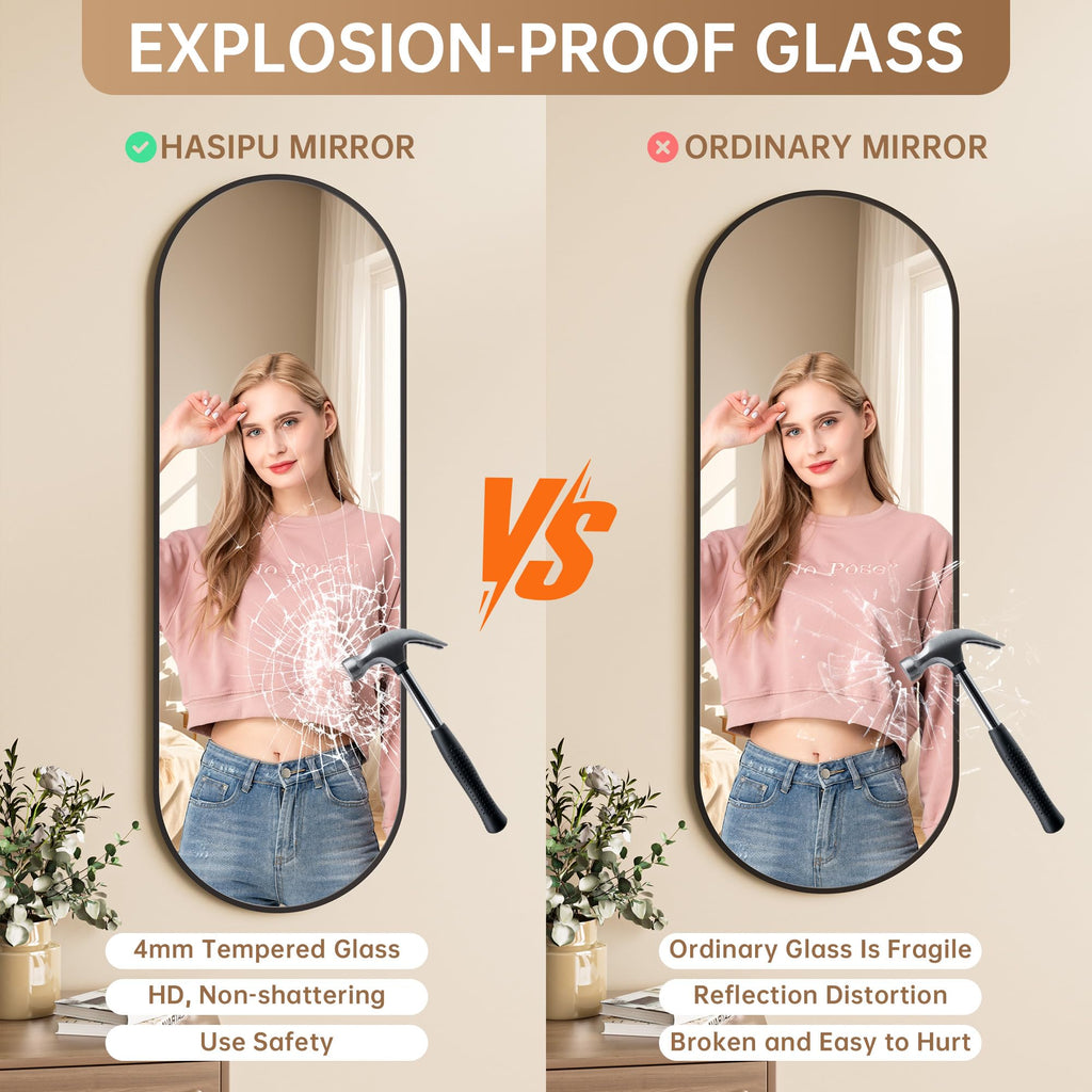 47 x 16 in Arched Over-The-Door Full-Length Mirror, Tempered Glass, Aluminum Frame - Black