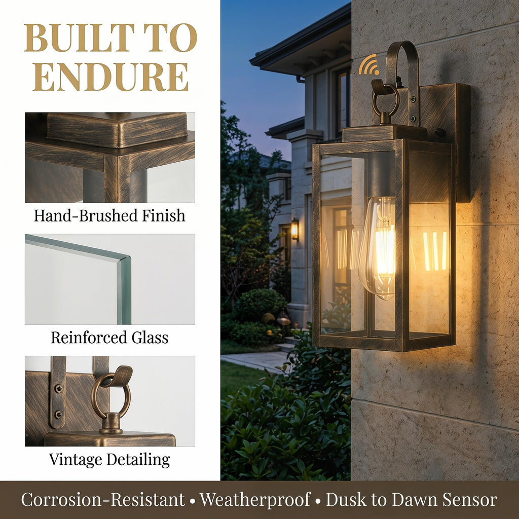 Black Brush Gold Porch Light, Dusk to Dawn Wall Mount Outdoor Light