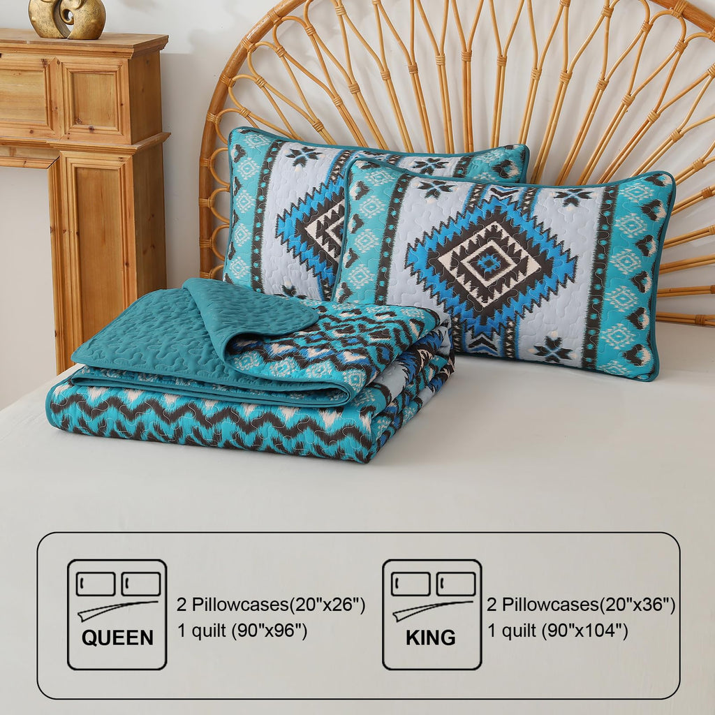 Boho Quilt Set, 3 Pcs Teal Aztec Lightweight Bedspread