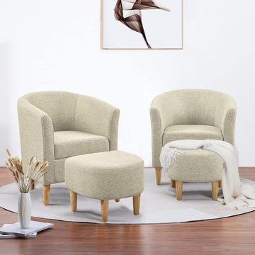 Accent Chair Set of 2 Mid Century Modern Chair with Ottoman Beige