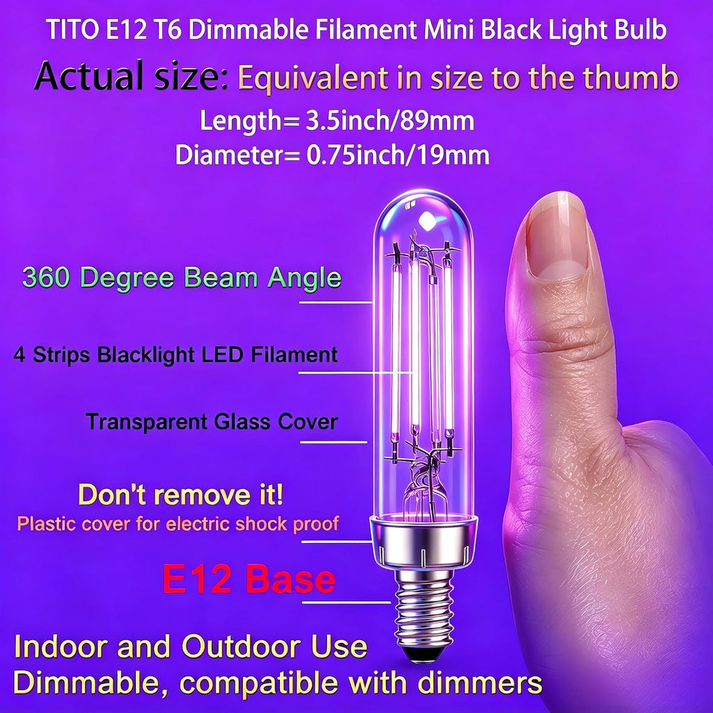 6 Pack E12 T6 UVA 395nm Dimmable Mini Filament Black Light Bulb
