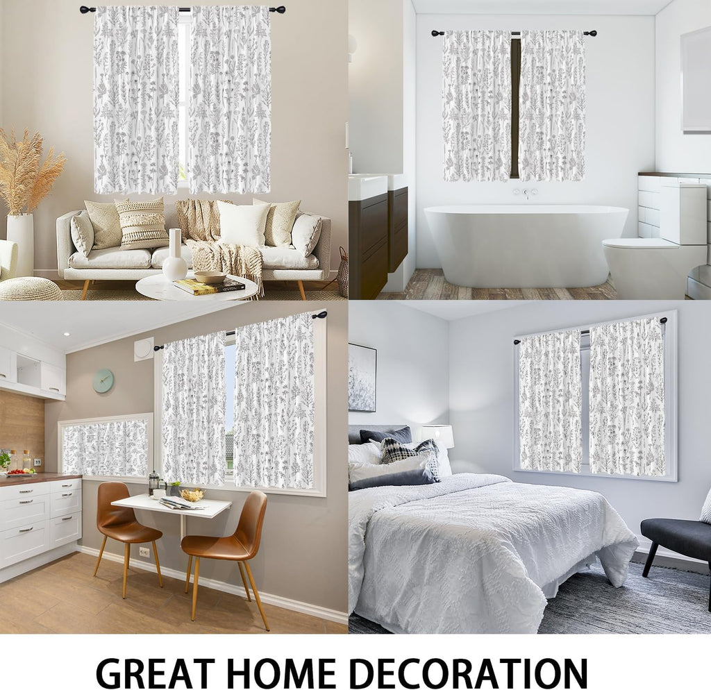 Vintage Floral Kitchen Window Curtains 27.5 x 39 Inch Small Short Mini Cafe Rod Pocket Retro Flower Black Grey and White Living Bedroom Room Home Treatment Set of 2 Curtain Panels Drapes Tiers