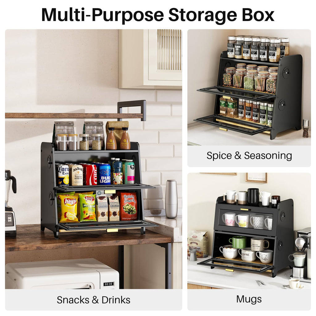 Bread Box - 2 Tier Countertop, Adjustable Ventilation, Black
