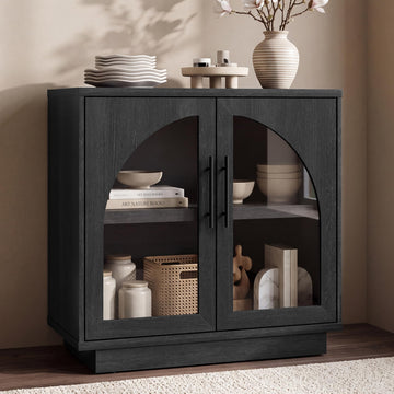 Arched Glass Sideboard Buffet Cabinet, 31.5" Farmhouse Accent Storage Cabinet with Adjustable Shelf, Display Credenza