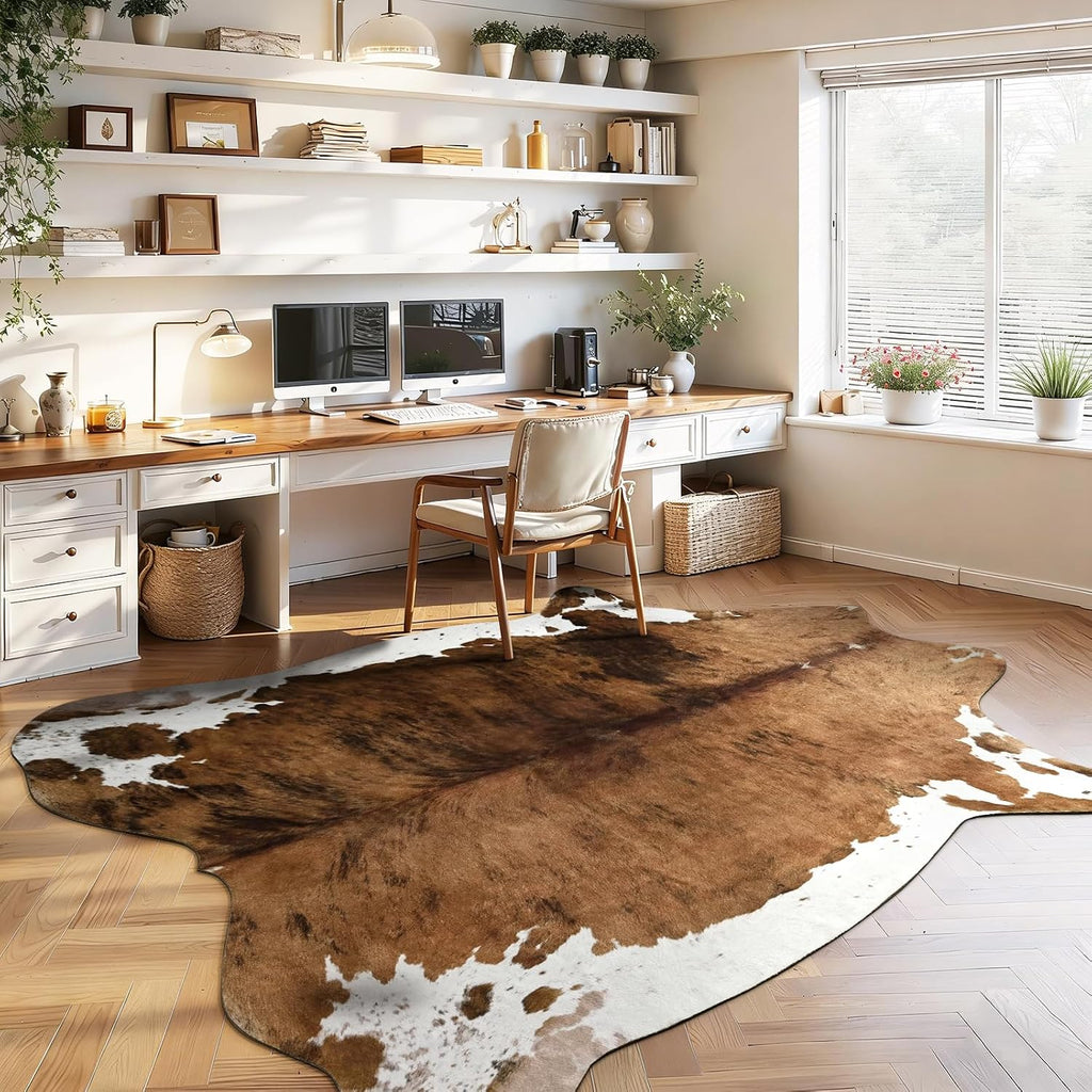 Faux Cowhide Print Rug, Brown Western Animal Cow Hide Rugs, Non Slip Cool Cow Skin Carpet Dining Room