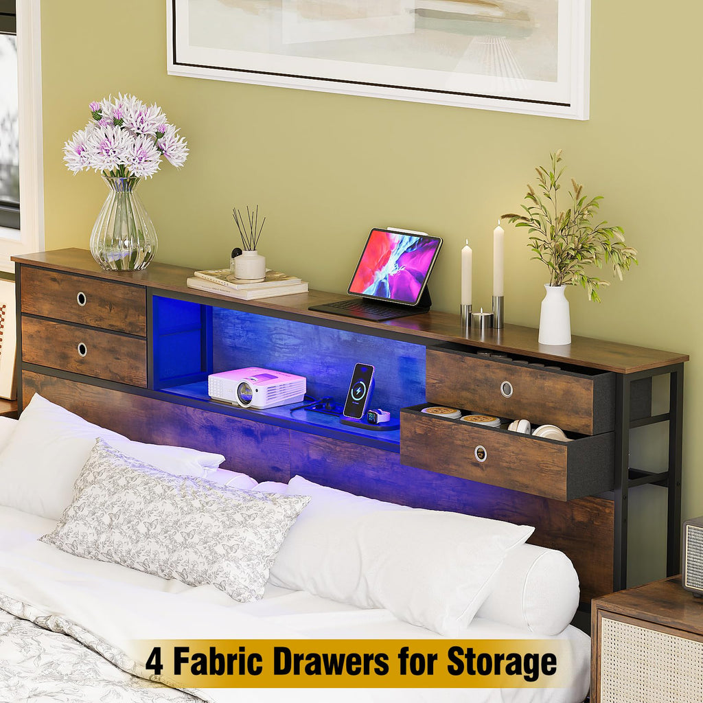 Headboard with 4 Fabric Storage Drawers Charging Station LED Light Adjustable Height Storage Rack Sturdy