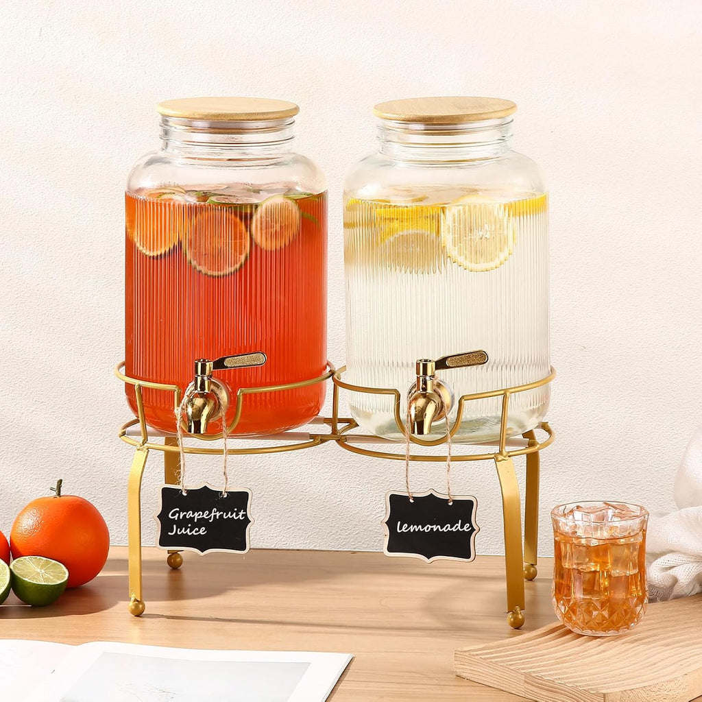 Gallon Glass Drink Dispenser with Stand, 2pack Drink Dispensers For Parties, Beverage Dispenser With Bamboo Lid - Set of 2