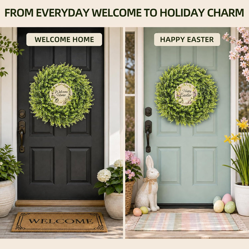 20 Inch Faux Boxwood Wreath with 3 Double-Sided Wooden Signs