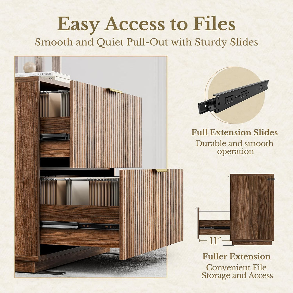 Fluted 2 Drawer Lateral File Cabinet, Black Walnut | 32'' Wood Filing Cabinet , Fits for Legal/Letter/A4 Files