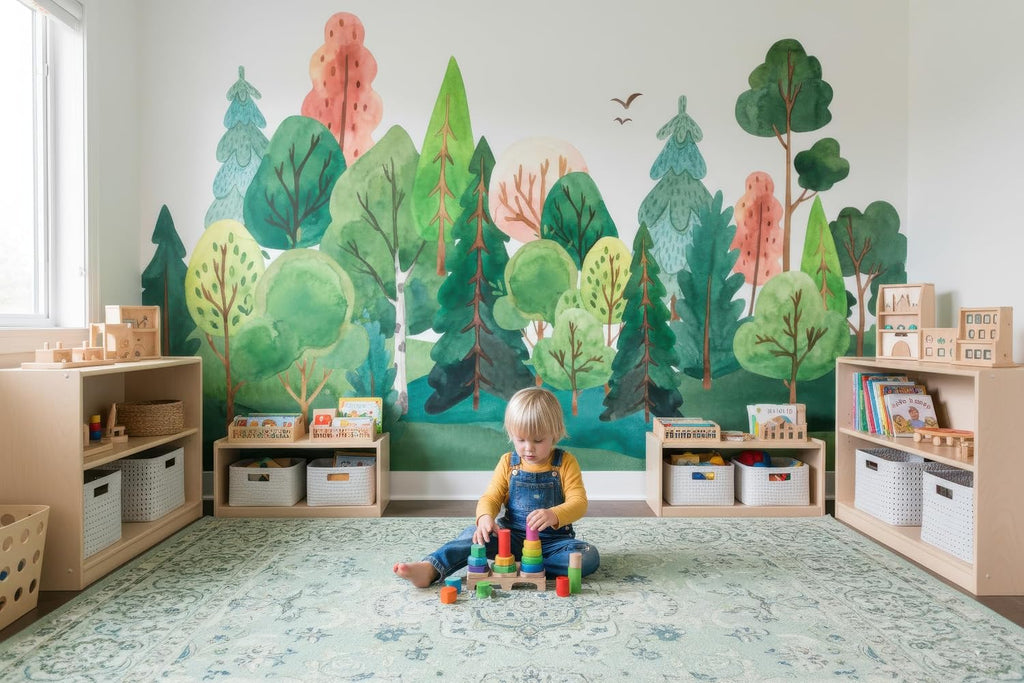 Woodland Nursery Wall Murals: Watercolor Forest Wallpaper | Nature Landscape Theme, Peel & Stick or Traditional
