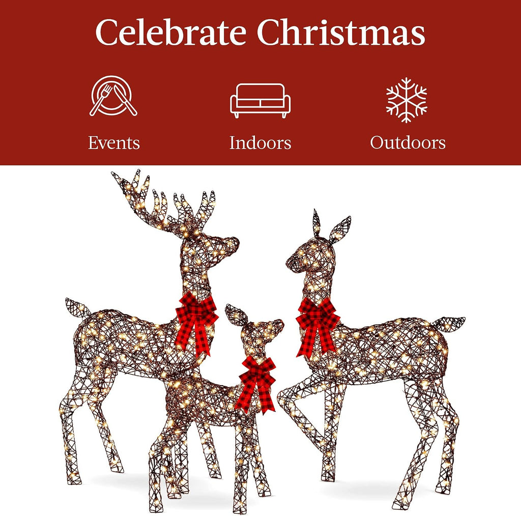 3-Piece Large Lighted Christmas Deer Family Set 5Ft Outdoor Yard Decoration with 360 LED Lights, Stakes, Zip Ties