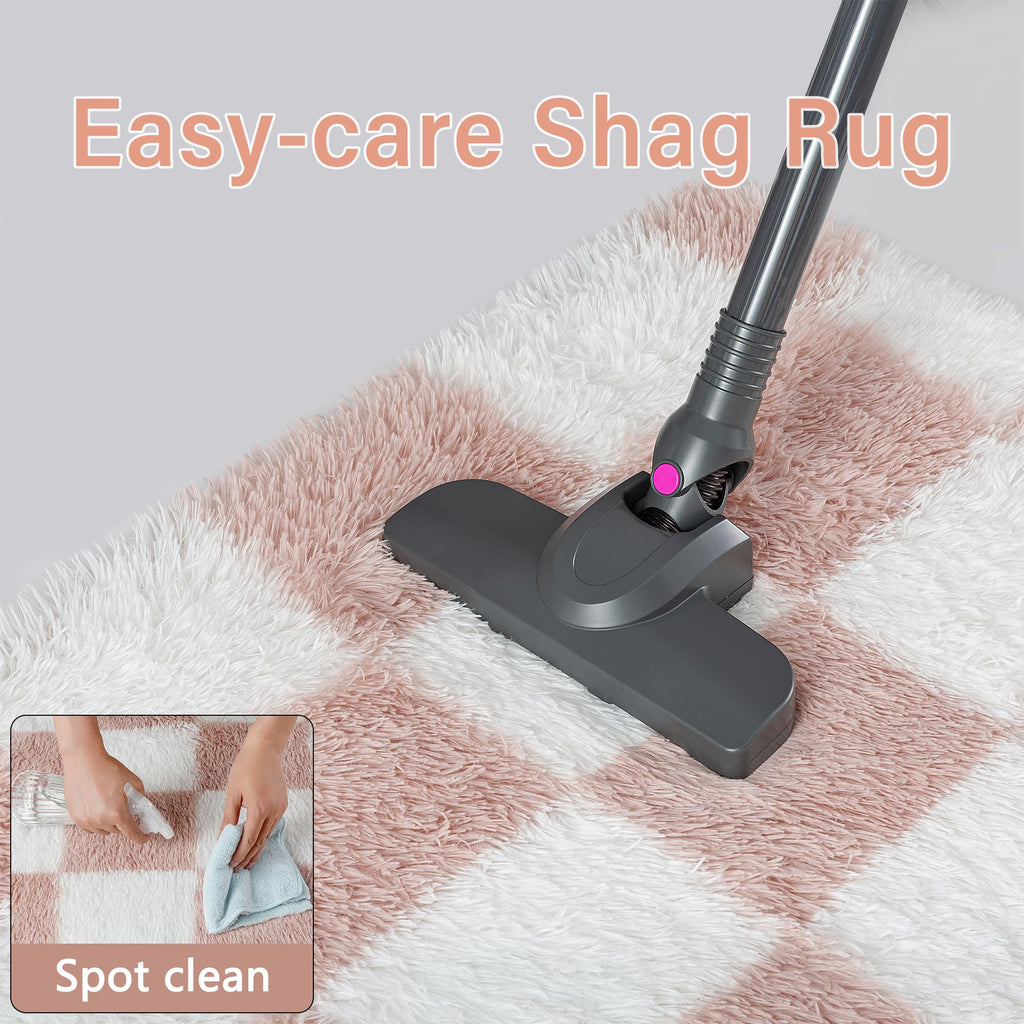 Pink Round Rug 6ft Soft Fluffy Checkered Shag Carpet