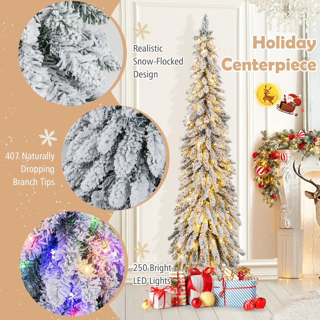 6ft Pre-Lit Snow Flocked Pencil Christmas Tree with 11 Light-Modes