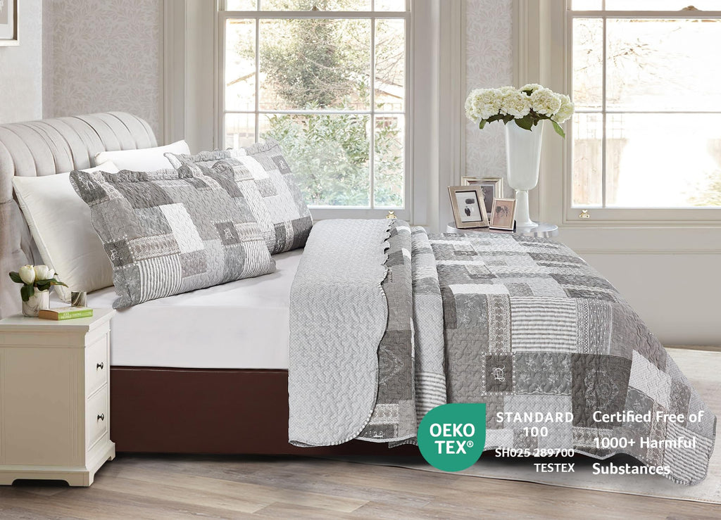 Grey Heart Love & Lace Floral Patchwork Quilt Set